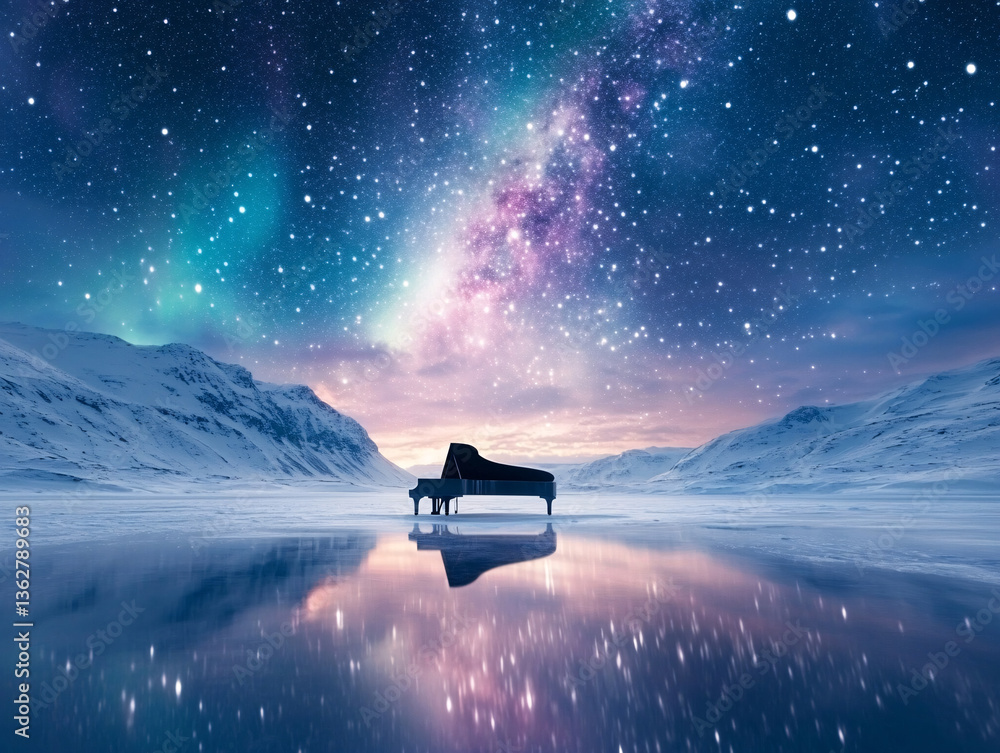 Obraz premium a grand piano placed in the middle of a serene, reflective body of water, with a background of snow-capped mountains and a soft, pastel sky. The piano is bathed in a dreamy, ethereal light