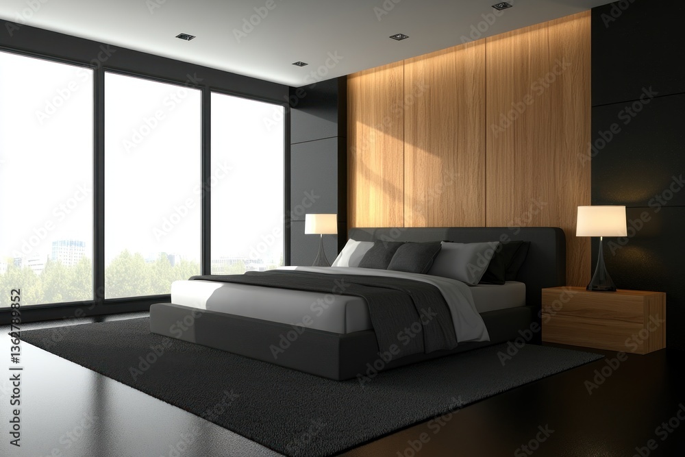 Fototapeta premium Modern bedroom with large windows, dark furniture, and wood wall.