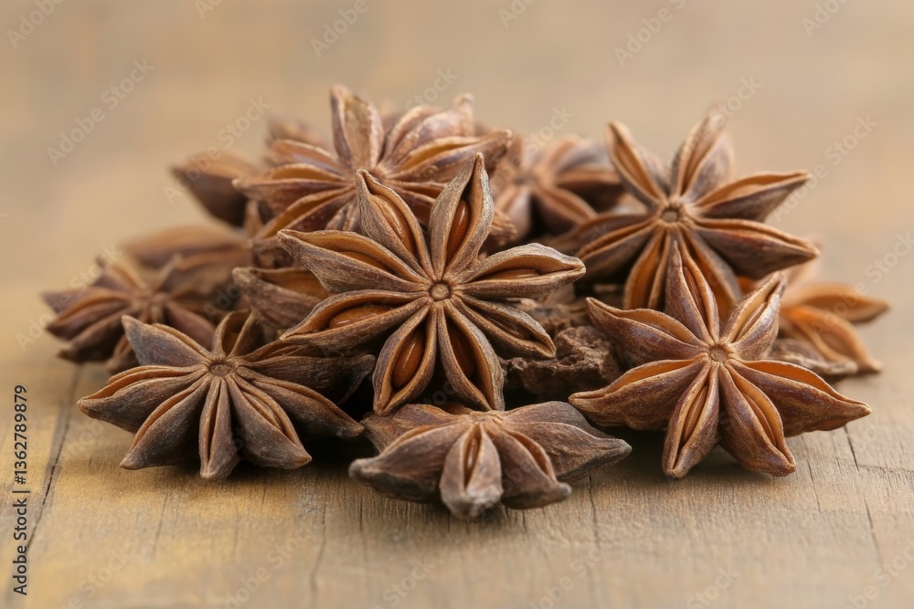 Star anise seeds arranged on a wooden surface, showcasing their unique star shape and rich brown color Star anise seeds arranged on a wooden surface, showcasing their unique star shape and rich brown color