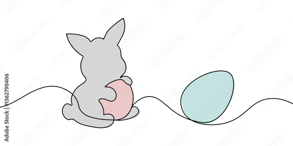 Simple one-line drawing of a bunny holding a pastel pink egg with a blue egg nearby, representing Easter and spring celebrations. Easter bunny one line icon. Vector illustration Simple one-line drawing of a bunny holding a pastel pink egg with a blue egg nearby, representing Easter and spring celebrations. Easter bunny one line icon. Vector illustration