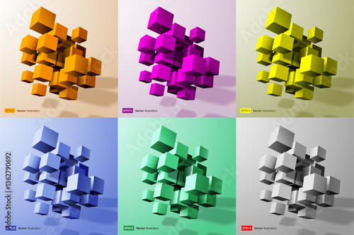 3D Colorful Bright Cubes Set. Vector Big Data Business Background. 3D Blockchain Cube Blocks. Data Core Abstract. AI Cyber Space
