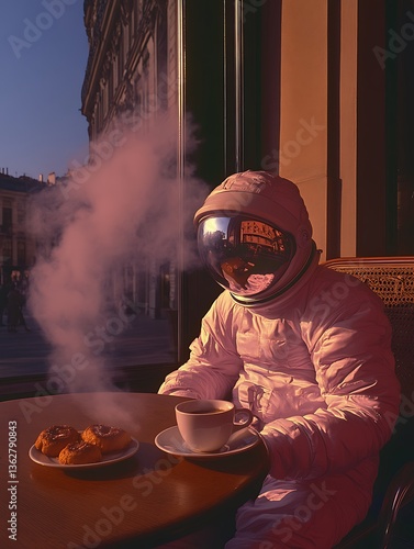 surreal photography of a white astronaut seated at a small round wooden table in a cozy café in Paris with a cup of coffee and a plate with a croissant