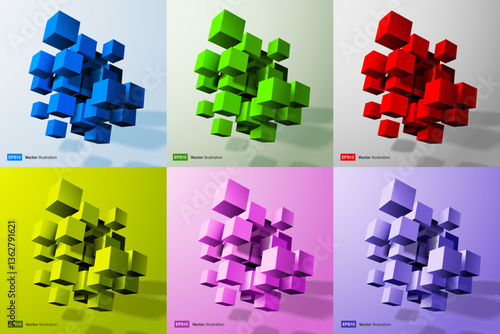 3D Colorful Bright Cubes Set. Vector Big Data Business Background. 3D Blockchain Cube Blocks. Data Core Abstract. AI Cyber Space