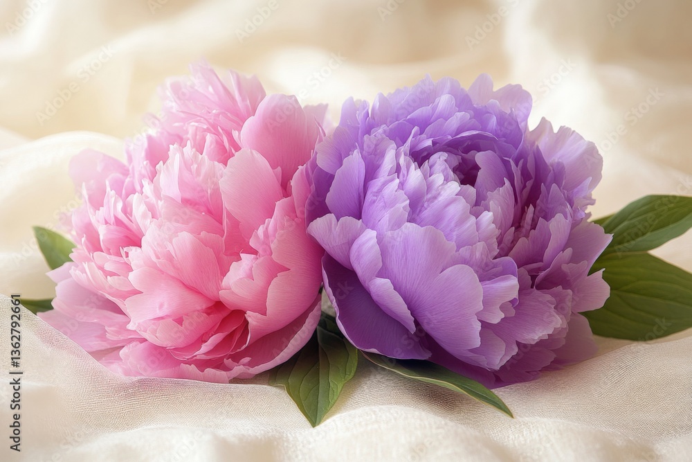 Obraz premium Pink and purple peonies arranged gracefully on soft fabric creating a serene floral display