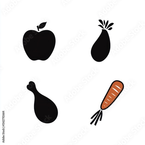 Simple food icons apple, pear, chicken leg, carrot