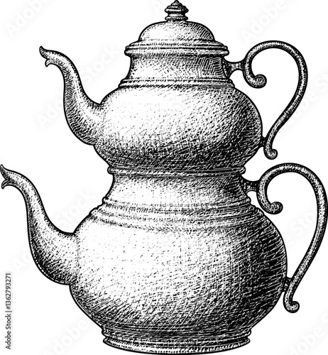 Oriental traditional teapot.Metal vessel made of forged metal in retro style.