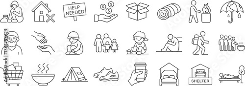 Homelessness, Social Aid line icon set. Vector pictograms of homeless child, urgent needs, support services, donation, social kitchen, shelter thin linear illustration.