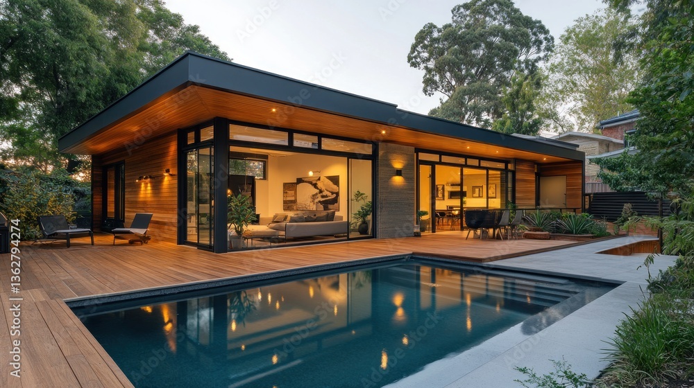 Fototapeta premium Modern House with Pool and Deck at Dusk