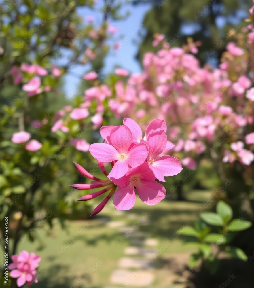 Pink Adenium obesum blooms in sharp focus, vibrant against a blurred backdrop of lush green foliage and flowering trees, spring, flora Pink Adenium obesum blooms in sharp focus, vibrant against a blurred backdrop of lush green foliage and flowering trees, spring, flora