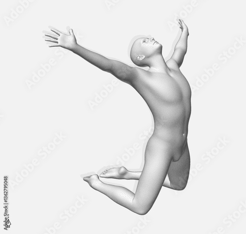 3D human body model. Man kneeling and waved both hands expresses the wish of God. Guy on knees celebrating victory. Concept for religion, worship, prayer and praise. Vector illustration.