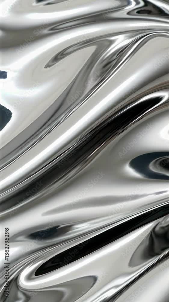 Abstract video concept with a close-up angle, showcasing smooth, flowing metallic waves. Reflective and futuristic style, emphasizing fluidity. Live mobile wallpaper.