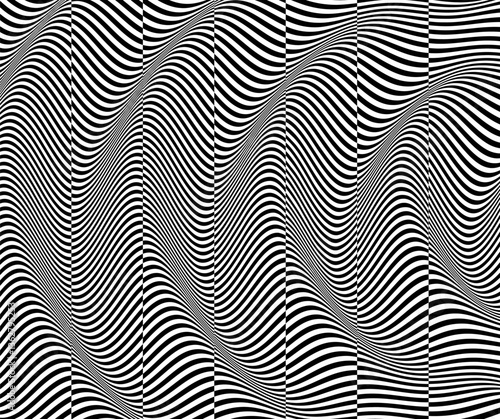 3D wavy pattern with optical illusion. Glitch abstract background. Distortion effect, bug and error. Black and white design. Vector for brochure, poster, presentation, cover, flyer or banner.