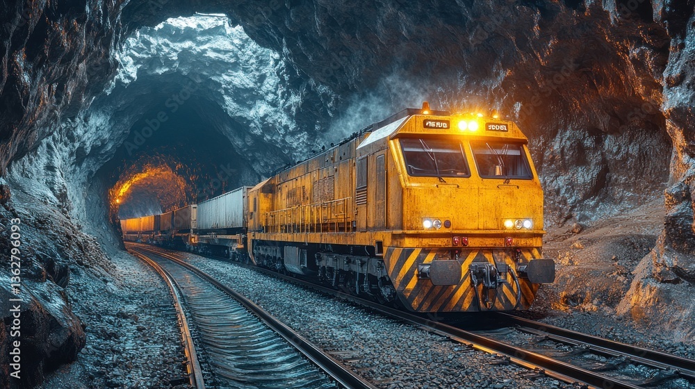 Fototapeta premium Freight Train Emerging from a Mountain Tunnel