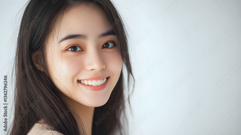Young woman with long hair smiling brightly in a soft, light-toned background during a casual indoor setting Young woman with long hair smiling brightly in a soft, light-toned background during a casual indoor setting