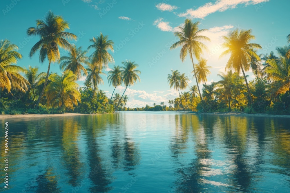 Beautiful tropical landscape with palm trees and tranquil waters under a bright sun in a serene environment Beautiful tropical landscape with palm trees and tranquil waters under a bright sun in a serene environment