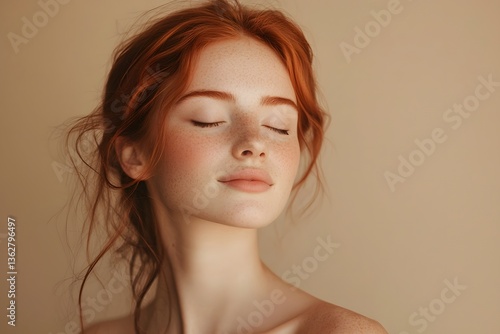 Wallpaper Mural Young woman with red hair poses gracefully against a warm, neutral background during a serene moment of reflection Torontodigital.ca