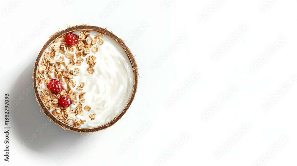 Delicious coconut yogurt in half coconut shell with granola and fresh raspberries for healthy breakfast Delicious coconut yogurt in half coconut shell with granola and fresh raspberries for healthy breakfast