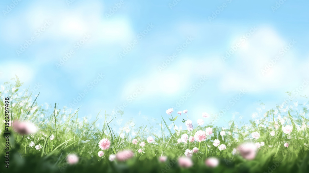 Fototapeta premium blue spring blurred background with space for text with blue sky, small strip of green grass and pink flowers below