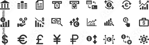 Currency exchange, financial growth icon set. Vector glyph pictograms of dollar, euro, yen, cryptocurrency, stock market, banking, investment, global economy black silhouette illustration.