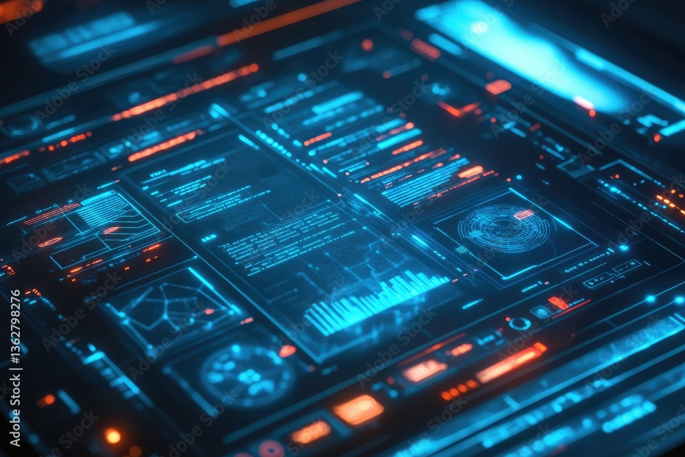 Futuristic Neon Interface, HiTech Digital Display Screen With Data and Graphs, Blue and Orange Futuristic Neon Interface, HiTech Digital Display Screen With Data and Graphs, Blue and Orange