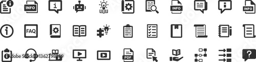 Information, support icon set. Vector glyph pictograms of help center, documentation, knowledge base, book, document, speech bubble, FAQ, chatbot, tutorial black silhouette illustration.