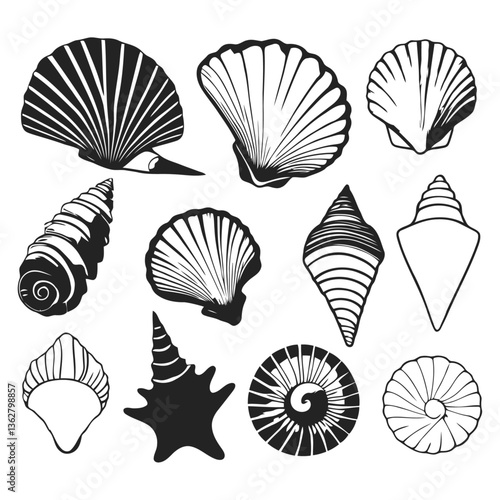 black and white vector silhouette of a mussel shell with a smooth, oval shape on a white background.