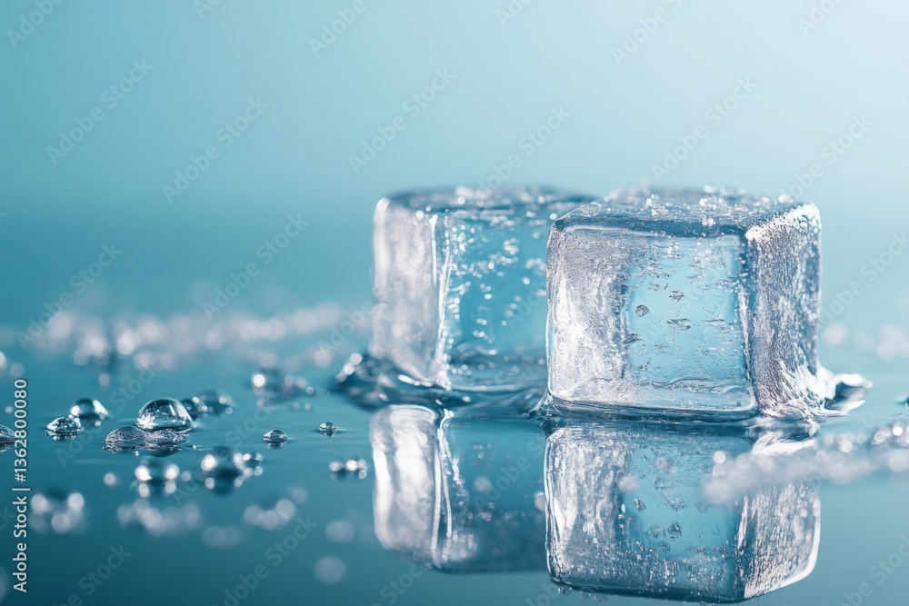 Ice cubes resting on a glass surface with droplets reflecting soft light in a tranquil setting Ice cubes resting on a glass surface with droplets reflecting soft light in a tranquil setting