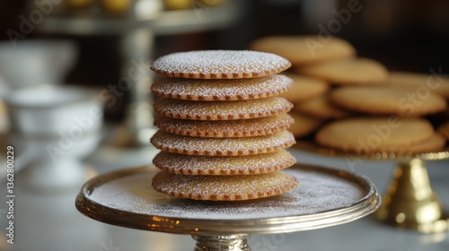 Wallpaper Mural Stack of delicious buttery shortbread cookies dusted with powdered sugar on a silver cake stand. Torontodigital.ca