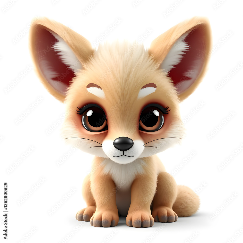 Obraz premium Coyote – 3D baby coyote, fluffy round ears, small chubby body, big curious eyes, pastel beige and lilac tones, white background. Generative AI