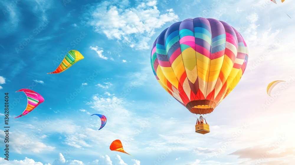 Fototapeta premium Colorful hot air balloon soaring in a vibrant sky with kites.