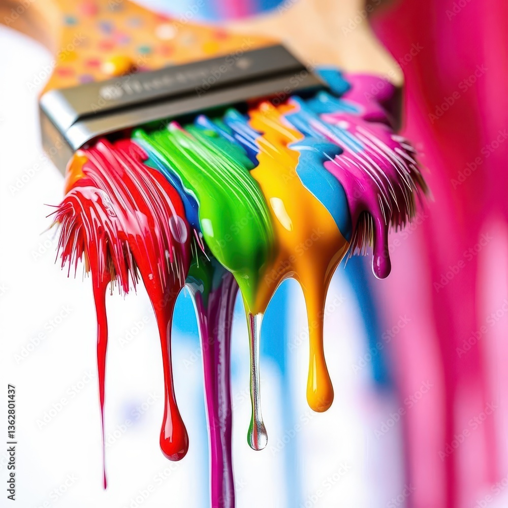 A paintbrush laden with vibrant paint, drips cascading down the bristles, color, creative, hobby