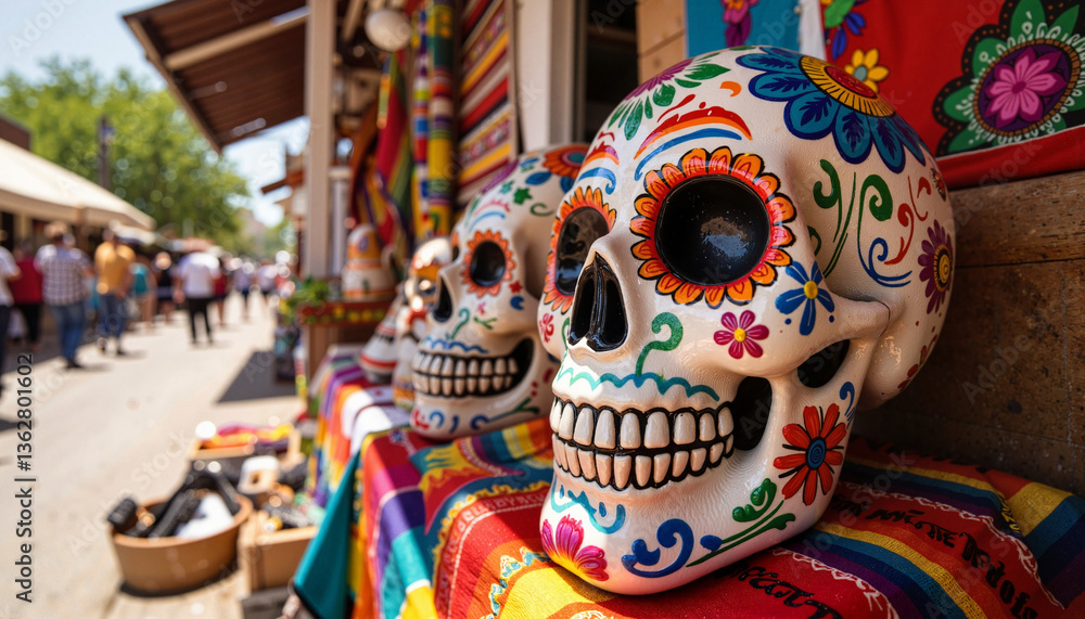Fototapeta premium Colorful decorative skulls celebrating Cinco de Mayo in a vibrant market 