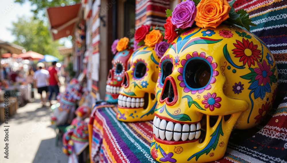 Obraz premium Colorful sugar skulls celebrating Cinco de Mayo in vibrant market setting 