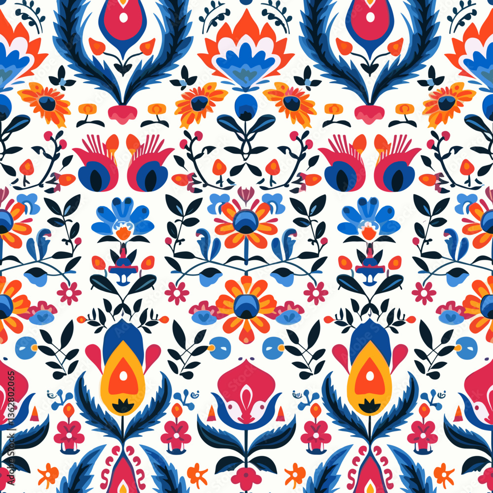 Seamless folk floral background in red blue and white colors
Seamless folk floral background in red blue and white colors