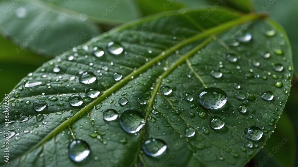 Close Up of Green Leaf with Water Droplets Reflecting Light Close Up of Green Leaf with Water Droplets Reflecting Light