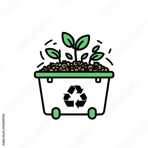 Illustration of a compost bin overflowing with organic material and green plants, symbolizing eco-friendly waste management and composting practices copy space