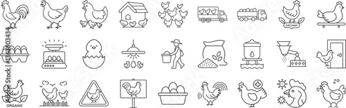 Poultry Farming line icon set. Vector pictograms of chicken, eggs incubator, henhouse, feeding equipment, free-range, rooster, agriculture, organic farm thin linear illustration.