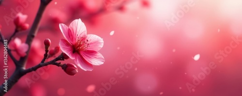 Wallpaper Mural Minimalist illustration of a sakura branch with red petals against a bright red and pink blurred background, red petals, clean Torontodigital.ca