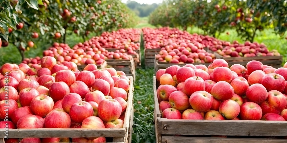 Abundant apple harvest, crates overflowing with fresh, ripe fruit at orchard Abundant apple harvest, crates overflowing with fresh, ripe fruit at orchard
