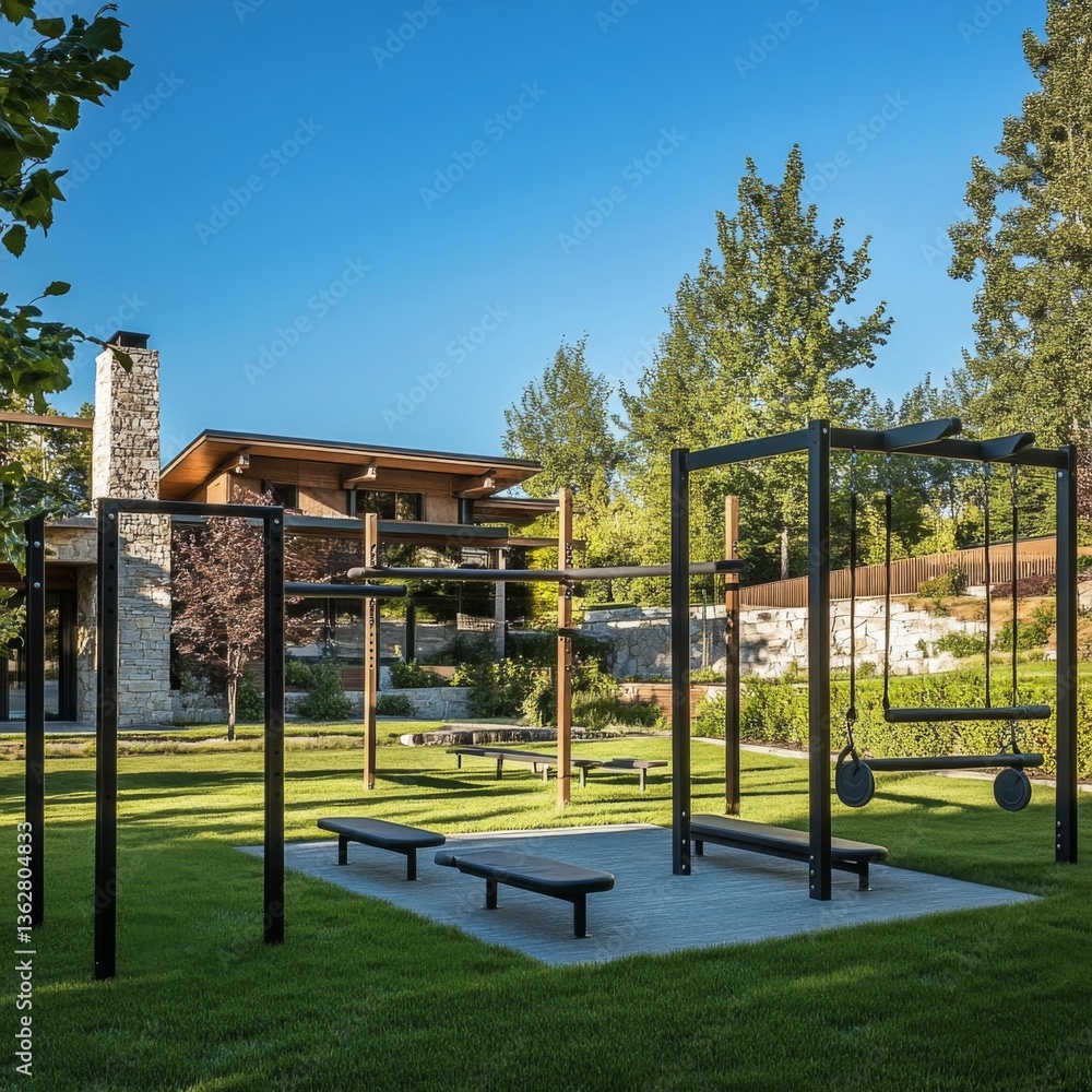 Modern outdoor playground with wooden structures in sunny park setting Modern outdoor playground with wooden structures in sunny park setting