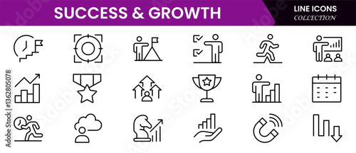 Success and growth web icons inline style. Handshake, growth profit, innovation, increase sale, coaching, progress, strategy, achievement, collection. Vector illustration.