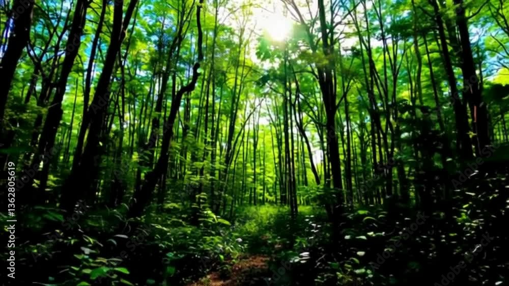 Walk through dense forests as the sun peeks through the trees in summer. The rays illuminate the green forest.
