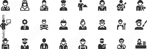 Profession occupation icon set. Vector glyph pictograms of doctor, engineer, teacher, musician, police officer, career, workforce, business black silhouette illustration.