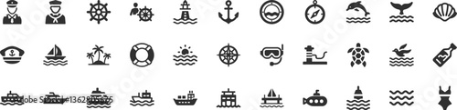Maritime and nautical icon set. Vector glyph pictograms of ship, anchor, compass, lighthouse, dolphin, sailing, marine life, ocean travel black silhouette illustration.