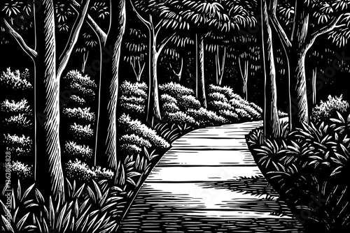 black and white walkway path in a green spring beech forest landscape