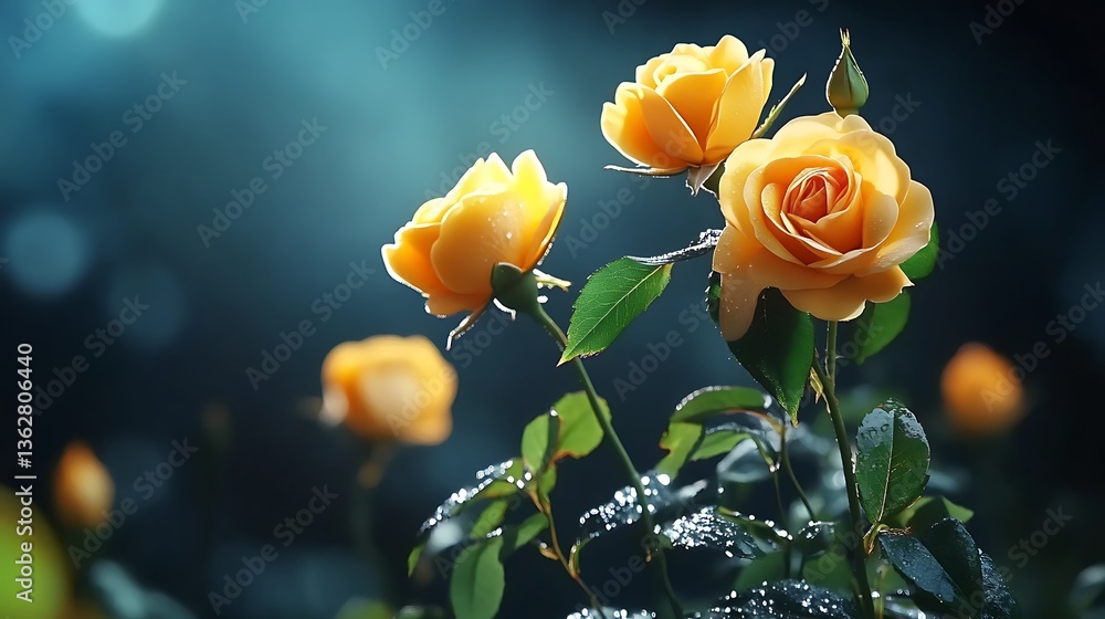 Obraz premium Dew-Kissed Yellow Roses in a Twilight Garden AI Generated