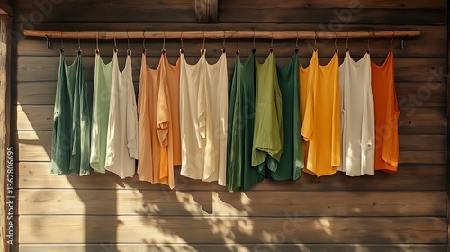 Wallpaper Mural Earthy-toned Linen Garments Hanging Outdoors on Wooden Wall AI Generated Torontodigital.ca