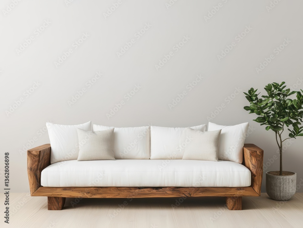 Fototapeta premium Handcrafted wooden sofa with sculptural base, minimalist aesthetic, premium fabric cushions, warm modern interior