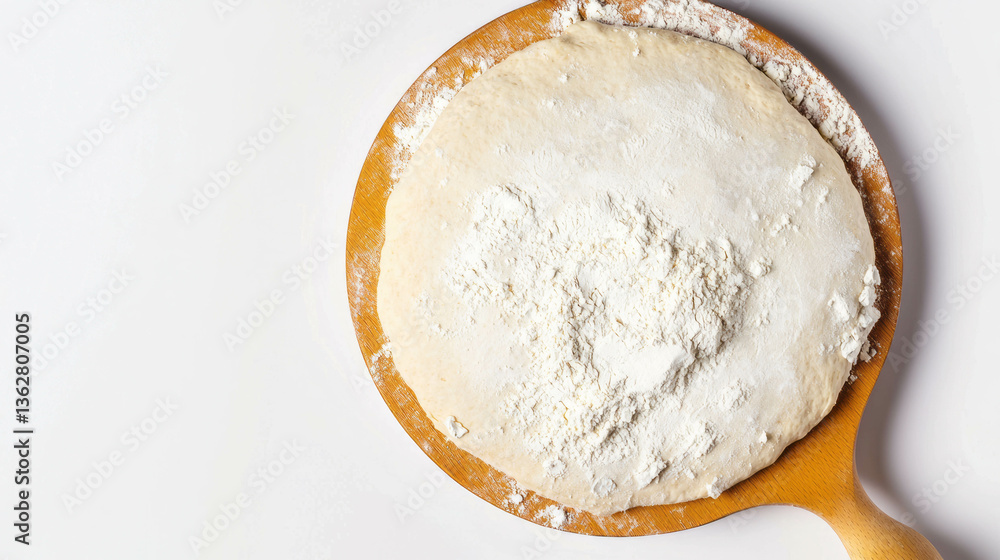 Homemade pizza dough preparation with flour on wooden pizza peel Homemade pizza dough preparation with flour on wooden pizza peel