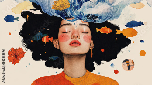 woman with closed eyes and flowing hair is surrounded by colorful fish and flowers, creating dreamy underwater scene. Her serene expression adds sense of tranquility